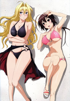 2girls absurdres armpits bikini blonde_hair blue_eyes blush breasts brown_eyes brown_hair cleavage female_focus highres large_breasts long_hair lying multiple_girls musubi navel official_art sekirei shiny_skin sideboob swimsuit thighs tomooka_shinpei tsukiumi underboob