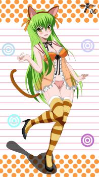 1girl absurdres animal_ears babydoll blush breasts c.c. cat_ears cat_tail code_geass green_hair highres indexryo large_breasts long_hair open_mouth shadow smile tagme tail yellow_eyes