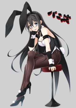 1girl alternate_costume animal_ear_hairband animal_ears ascot black_ascot black_gloves black_hair black_pantyhose blue_eyes character_name coattails detached_collar fake_animal_ears fingerless_gloves fishnet_pantyhose fishnets full_body glasses gloves grey_background hairband hand_on_own_face kantai_collection kochipu leotard long_hair ooyodo_(kancolle) pantyhose playboy_bunny rabbit_ears rabbit_tail side-tie_leotard simple_background sitting solo stool strapless strapless_leotard tail tailcoat_playboy_bunny white_leotard wrist_cuffs