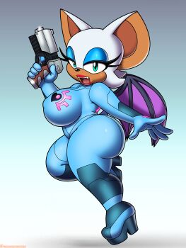 1girl absurdres animal animal_ears bat_(animal) bat_ears bat_girl bat_tail bat_wings blue_eyeshadow bodysuit boots breasts commentary cosplay covered_erect_nipples crossover emblem english_commentary eyelashes eyeshadow fangs full_body furry furry_female green_eyes gun high_heel_boots high_heels highres holding holding_gun holding_weapon huge_breasts large_ears leg_lift looking_at_viewer makeup metroid nintendo nipples omegasunburst open_mouth red_lips rouge_the_bat samus_aran samus_aran_(cosplay) sega shadow skin_tight smile solo sonic_(series) teeth thick_thighs thighs watermark weapon web_address white_fur wings zero_suit