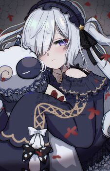 1girl bow bug butterfly closed_mouth commentary_request gothic_lolita grey_background hair_over_one_eye hairband highres hugging_object insect lolita_fashion lolita_hairband long_hair long_sleeves looking_at_viewer lying mahou_shoujo_no_majo_saiban natsume_an-an on_side one_eye_closed one_side_up pillow pillow_hug polka_dot polka_dot_bow purple_eyes red_butterfly sleeves_past_fingers sleeves_past_wrists solo stuffed_animal stuffed_sheep stuffed_toy upper_body yokuto