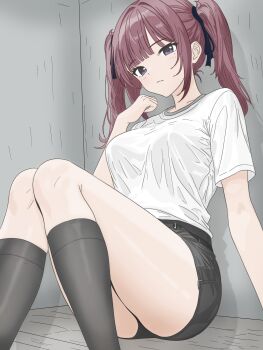 1girl absurdres black_ribbon black_shorts black_socks blunt_bangs blush breasts closed_mouth feet_out_of_frame gonta_(gta:sa) hair_ribbon hand_up highres kneehighs knees_together_feet_apart knees_up large_breasts long_hair looking_at_viewer medium_breasts mole mole_under_eye natsuki_karin purple_eyes red_hair ribbon shirt shirt_tucked_in short_shorts short_sleeves shorts sidelocks sitting socks solo synthesizer_v thigh_focus thighs twintails v-lab white_shirt