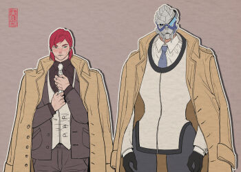 adjusting_clothes adjusting_necktie alien alternate_costume coat commander_shepard commander_shepard_(female) couple formal_clothes garrus_vakarian highres long_coat mass_effect_(series) necktie red_hair scars_on_face trench_coat tumblr turian yu-chunsam