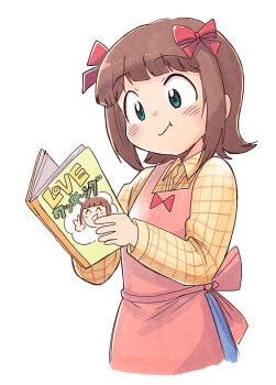 Rule 34 | 1girl, :t, amami haruka, apron, book, bow, brown hair, checkered clothes, checkered shirt, closed mouth, collared shirt, cropped torso, green eyes, hair bow, holding, holding book, idolmaster, idolmaster (classic), long sleeves, multiple hair bows, pink apron, red bow, shirt, short hair, simple background, smile, solo, tsubobot, white background, yellow shirt