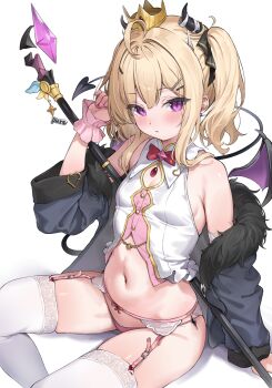 1girl absurdres ahoge black_horns black_jacket blonde_hair breasts cleavage commentary_request crown demon_girl demon_horns demon_tail fur-trimmed_jacket fur_trim highres horns jacket looking_at_viewer navel nekoya_minamo original panties pink_eyes pink_panties simple_background small_breasts staff stomach tail thighhighs thighs twintails underwear white_background white_thighhighs wrist_cuffs