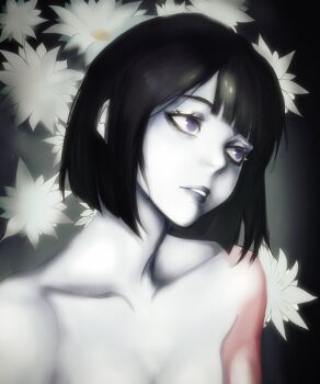 Rule 34 | 1girl, black background, black hair, blunt bangs, blunt ends, bob cut, close-up, collarbone, colored skin, commentary, completely nude, ena: dream bbq, ena (dream bbq), ena (series), eyelashes, flower, ghost hua, gradient background, grey background, grey lips, grey skin, highres, lips, looking afar, looking to the side, no pupils, nose, nude, out-of-frame censoring, parted lips, portrait, purple eyes, red skin, short hair, solo, untranslatable commentary, white flower