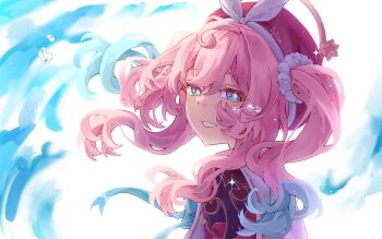 1girl aqua_eyes aqua_hair bright_pupils cytise dress floating_hair from_side grin hat honkai:_star_rail honkai_(series) hyacine_(honkai:_star_rail) long_hair looking_at_viewer multicolored_hair pink_hair red_dress red_hat smile solo twintails two-tone_hair upper_body water_drop white_background white_pupils
