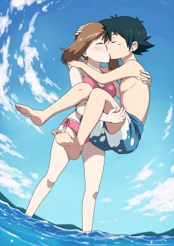 1boy 1girl ash_ketchum bikini black_hair brown_hair carrying carrying_person closed_eyes couple highres japanesegodzilla kiss may_(pokemon) medium_hair nintendo pokemon pokemon:_lucario_and_the_mystery_of_mew pokemon_(anime) pokemon_rse_(anime) princess_carry reverse_princess_carry swimsuit topless_male water