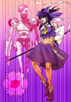 1girl 1other absurdres araki_hirohiko_(style) ascot between_fingers black_eyes bow detached_sleeves eddybird55555 full_body gohei gradient_background hair_tubes hakurei_reimu hand_on_own_hip highres holding holding_gohei jojo_no_kimyou_na_bouken lipstick long_hair makeup midriff navel ofuda ofuda_between_fingers orb parody ponytail purple_bow purple_hair purple_lips purple_shirt purple_shoes purple_skirt shirt shoes skirt stand_(jojo) style_parody toned toned_female touhou wide_sleeves yellow_ascot yin_yang yin_yang_orb