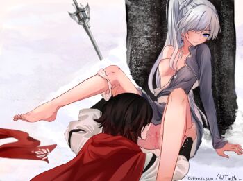 2girls absurdres artist_name bare_legs black_hair blue_eyes breasts cape commission cunnilingus dress gradient_hair hair_over_one_eye highres long_hair medium_breasts multicolored_hair multiple_girls myrtenaster nipples no_panties one_breast_out oral panties panties_around_leg ponytail purple_dress pussy pussy_juice red_cape red_hair ruby_rose rwby scar scar_across_eye scar_on_face short_hair sitting snow spread_legs sword tree tuemei uncensored underwear weapon weiss_schnee white_hair yuri