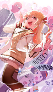 3girls absurdres ahoge blonde_hair breasts brown_eyes hair_ornament highres hololive hololive_dev_is long_hair monday multiple_girls nasan_(coldtime) oozora_subaru open_mouth otonose_kanade regloss_(hololive) shirogane_noel small_breasts smile solo_focus thighhighs virtual_youtuber