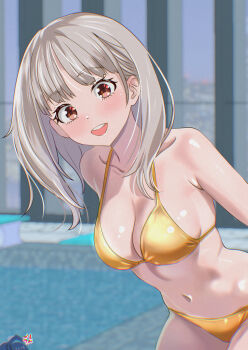 2girls absurdres bikini blush breasts brown_eyes cleavage collarbone commentary_request female_focus gold_bikini grey_hair highres indoors kousan leaning_forward looking_at_viewer make_heroine_ga_oo_sugiru! medium_breasts medium_hair multiple_girls navel open_mouth out_of_frame poolside shiratama_riko solo_focus swimsuit window yanami_anna