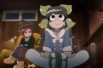 2girls bell black_hair black_hat black_jacket blue_shirt blurry blurry_background boots bow brown_boots bryan_lee_o&#039;malley_(style) chabashira_tenko chair closed_mouth collar collared_jacket collared_shirt commentary crossed_arms crossed_legs danganronpa_(series) danganronpa_v3:_killing_harmony english_commentary eyelashes fingernails green_ribbon hair_ribbon hairband hands_on_own_legs hat highres indoors jacket long_hair long_sleeves mole mole_under_mouth multiple_girls neck_bell purple_collar purple_hairband radiator red_hair ribbon scene_reference scott_pilgrim scott_pilgrim_(series) scott_pilgrim_takes_off shirt short_hair signature sitting smile spittyfishy twintails wallace_wells white_bow white_shirt window witch_hat yumeno_himiko
