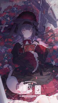 1girl animal_ears black_dress book cat cat_girl closed_eyes closed_mouth commentary commission cross dress flower frilled_sleeves frills highres holding holding_book neck_ribbon original red_flower red_ribbon red_rose red_skirt ribbon rose skirt sleeping solo symbol-only_commentary umehara_sei white_cat wide_sleeves