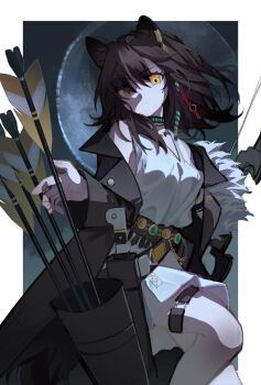 1girl animal_ears arknights arrow_(projectile) belt bow_(weapon) brown_hair brown_jacket character_request full_moon hashtag-only_commentary highres holding holding_arrow infection_monitor_(arknights) jacket long_sleeves looking_at_viewer machete minuo moon open_clothes open_jacket shirt solo weapon yellow_eyes