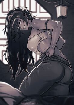 1girl armlet ass avatar:_aang_the_last_airbender avatar_legends bandeau biceps blind clothes_pull commentary dressing hair_down highres iahfy jewelry looking_at_viewer muscular muscular_female pants pants_pull smile solo toph_beifong