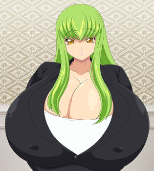1girl absurdres alternate_breast_size_(larger) breast_expansion breasts c.c. cleavage code_geass formal_clothes forsakencause gigantic_breasts highres huge_breasts office_lady original solo suit weight_gain