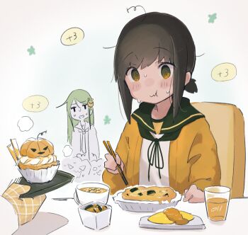 Rule 34 | 2girls, black hair, black sailor collar, blush, brown eyes, cardigan, chopsticks, closed mouth, commentary, crescent, crescent hair ornament, eating, food, fubuki (kancolle), green hair, hair ornament, highres, holding, holding chopsticks, kantai collection, long hair, long sleeves, ma rukan, multiple girls, nagatsuki (kancolle), open cardigan, open clothes, open mouth, orange cardigan, ponytail, sailor collar, school uniform, serafuku, short hair, short ponytail, signature, untranslatable commentary