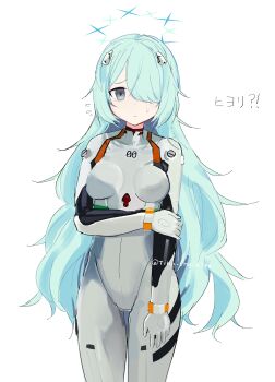 1girl absurdres aqua_hair ayanami_rei ayanami_rei_(cosplay) blue_archive bodysuit breasts candy_moon777 commentary_request cosplay hair_down hair_over_one_eye halo highres hiyori_(blue_archive) long_hair mecha_pilot_suit plugsuit_(evangelion) white_bodysuit