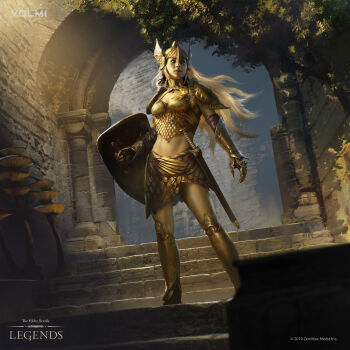 1girl armor armored_boots blonde_hair boobplate boots breastplate brick_wall clawed_gauntlets cleavage_cutout clothing_cutout colored_sclera daedra facing_viewer gold_armor gold_skin gold_skirt gold_weapon golden_saint_(aureal) helmet highres holding holding_shield long_hair looking_to_the_side midriff mushroom official_art scale_armor shield slit_pupils stairs standing sunlight sword the_elder_scrolls the_elder_scrolls:_legends the_elder_scrolls_iv:_oblivion thighs tree volmi_games watermark weapon winged_helmet yellow_sclera