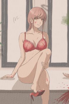 1girl 1other blood bra braid braided_ponytail breasts chainsaw_man closed_mouth high_heels highres knee_up large_breasts long_hair looking_at_viewer makima_(chainsaw_man) mitsugu pink_hair red_bra ringed_eyes sidelocks sitting solo_focus underwear yellow_eyes