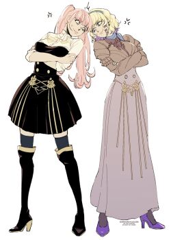2girls anger_vein artist_name black_legwear blonde_hair blue_eyes blue_hairband boots constance_von_nuvelle crossed_arms darkgreyclouds female_focus fire_emblem fire_emblem:_three_houses garreg_mach_monastery_uniform hairband high_heel_boots high_heels hilda_valentine_goneril long_hair long_sleeves multicolored_hair multiple_girls nintendo parted_lips pink_eyes pink_hair purple_hair simple_background thighhighs thighhighs_under_boots twintails white_background