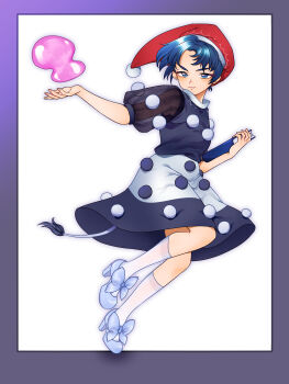 1girl absurdres blob blue_eyes blue_hair book doremy_sweet dream_soul dress hat highres multicolored_dress nightcap nightgown pom_pom_(clothes) short_hair sibata_maru solo tail tapir_tail touhou