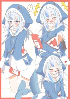 ! 1girl animal_costume animal_hood blue_eyes blue_hair blue_hoodie blunt_bangs blush border closed_eyes commentary eyebrows_hidden_by_hair feet_out_of_frame fins fish_tail food food_in_mouth gabu_g2 gawr_gura gawr_gura_(1st_costume) grey_hair heart highres hololive hololive_english hood hoodie long_sleeves looking_at_viewer medium_hair multicolored_hair multiple_views no_pants pocky pocky_in_mouth red_border shark_costume shark_girl shark_hood shark_tail sharp_teeth simple_background sleeves_past_wrists solo stitched_tail streaked_hair tail teeth virtual_youtuber white_background wide_sleeves
