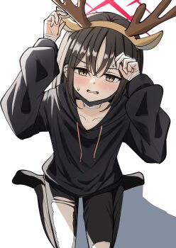 1girl absurdres animal_ears antlers arms_up bandaged_neck bandaged_wrist bandages black_hair black_hoodie black_mask black_pants blue_archive blush brown_eyes christmas collarbone commentary_request cpk_prd deer_ears ear_piercing embarrassed fake_animal_ears fake_horns from_above halo highres hood hoodie horns long_sleeves looking_at_viewer mask mask_pull misaki_(blue_archive) mouth_mask pants peanut_mouth piercing red_halo reindeer_antlers short_hair simple_background sitting solo surgical_mask sweat sweatdrop torn_clothes torn_pants wariza white_background