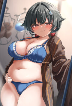 1girl black_hair blue_bra blue_panties blush bra fat hair_flaps hair_ornament highres jingei_(kancolle) kantai_collection kasashi_(kasasi008) long_hair looking_at_viewer navel panties plump red_eyes solo standing underwear underwear_only wavy_mouth whale_hair_ornament