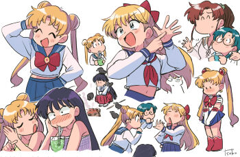 1boy 5girls aino_minako animal animal_on_head arm_around_shoulder arm_behind_head artemis_(sailor_moon) bird bird_on_head bishoujo_senshi_sailor_moon black_hair blonde_hair blue_hair blue_skirt blue_sky blush boots bow bowtie brooch brown_hair brown_sailor_collar cat closed_eyes crescent crescent_facial_mark crop_top cup double_bun drinking drinking_straw elbow_gloves facial_mark forehead_mark gem glasses gloves hair_bow hair_bun hand_on_own_hip hino_rei holding holding_cup japanese_clothes jewelry kino_makoto long_hair long_sleeves midriff_peek miko mizuno_ami multiple_girls multiple_views navel neckerchief on_head open_mouth outstretched_hand parted_bangs pleated_skirt red_boots red_bow red_bowtie red_gemstone red_neckerchief red_skirt sailor_collar sailor_moon school_uniform shirt short_sleeves skirt sky smile spaghetti_strap squatting tiara tsubobot tsukino_usagi twintails white_background white_cat white_gloves white_shirt wide-eyed