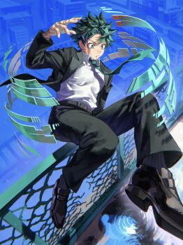 Rule 34 | 1boy, absurdres, belt, bh20647, black shoes, boku no hero academia, brown belt, closed mouth, dress shirt, dress shoes, freckles, green eyes, green hair, green necktie, highres, jacket, jumping, male focus, midoriya izuku, multiple scars, necktie, on rooftop, open clothes, open jacket, pants, scar, scar on face, scar on hand, shirt, shirt tucked in, shoes, short hair, solo, suit jacket, suit pants, white shirt