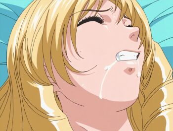 00s 2001 animated animated_gif anime_screenshot bed bed_sheet bible_black bible_black_night_of_the_walpulgiss blonde_hair closed_eyes drill_hair drill_sidelocks drooling implied_sex lying saliva sex shaking_head shiraki_rika sidelocks sweat tagme