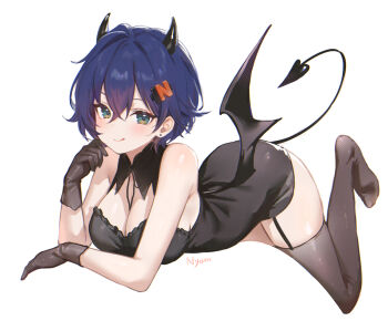 Rule 34 | 1girl, :q, adelie cat, alternate costume, artist name, bare shoulders, belle (zenless zone zero), black dress, black garter straps, black gloves, black tail, black wings, blue hair, breasts, brown thighhighs, cleavage, commentary, crossed bangs, demon horns, dress, earrings, fake horns, fake wings, garter straps, gloves, green eyes, hair between eyes, hair ornament, highres, horns, jewelry, large breasts, letter hair ornament, looking at viewer, lying, on stomach, revision, short hair, simple background, sleeveless, sleeveless dress, solo, thighhighs, tongue, tongue out, white background, wings, zenless zone zero