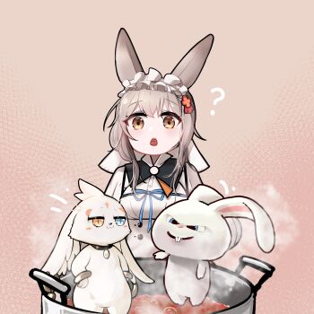 1girl :3 ? abby_(wuthering_waves) absurdres animal_ears arknights blue_eyes brown_background brown_eyes cooking_pot dress frilled_hairband frills grey_hair hairband han_han_xiao_leng heterochromia highres long_hair open_mouth rabbit rabbit_ears warmy_(arknights) white_dress wuthering_waves yellow_eyes