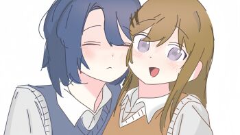 2girls adachi_sakura adachi_to_shimamura blue_hair blue_sweater_vest blush brown_hair brown_sweater_vest cheek-to-cheek closed_eyes closed_mouth collared_shirt heads_together highres medium_hair multiple_girls mymy959037 open_mouth purple_eyes school_uniform shimamura_hougetsu shirt simple_background sweater_vest white_background white_shirt yuri