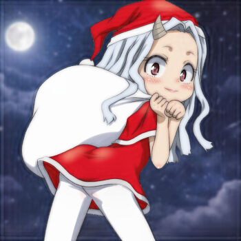 1girl ass blush boku_no_hero_academia brown_eyes capelet christmas cloud dress eri_(boku_no_hero_academia) from_behind full_moon fur-trimmed_capelet fur-trimmed_dress fur-trimmed_headwear fur_trim grey_hair hat holding holding_sack horns leaning_forward loli long_hair looking_at_viewer looking_back moon night night_sky pantyhose pom_pom_(clothes) red_capelet red_dress red_hat sack santa_costume santa_dress santa_hat single_horn sky sleeveless sleeveless_dress smile standing star_(sky) starry_sky t_jiroo_(ringofriend) white_pantyhose