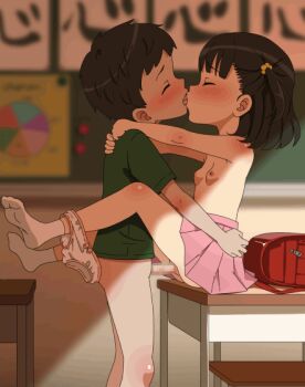 1boy 1girl animated animated_gif backpack bag black_hair blurry blurry_background blush bottomless bouncing_breasts bow bow_panties breasts censored classroom closed_eyes commentary_request desk erection french_kiss furrowed_brow green_shirt hair_ornament hair_scrunchie hand_on_another&#039;s_ass hand_on_another&#039;s_shoulder hetero indoors kiss kodomo_doushi koshiansan loli medium_hair mosaic_censoring nipples no_shoes on_desk one_side_up orange_scrunchie original paid_reward_available panties panties_around_leg penis pink_bow pink_skirt pleated_skirt pussy randoseru red_bag school_desk scrunchie sex shirt short_hair short_sleeves shota sitting skirt small_breasts socks topless_female underwear unworn_backpack unworn_bag vaginal white_panties white_socks