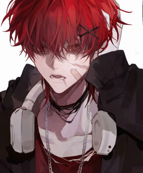 1boy annoyed arms_up bad_source black_sleeves chain chain_necklace choker close-up collarbone eyes_visible_through_hair from_side hair_over_one_eye half_closed_eyes headphones headphones_around_neck highres hood hoodie jacket jewelry lineart long_sleeves looking_at_viewer male_focus medium_hair messy_hair necklace open_mouth original pain parted_lips portrait red_eyes red_hair reference_sheet shirt sketch solo straight-on transparent_background zhishiwan