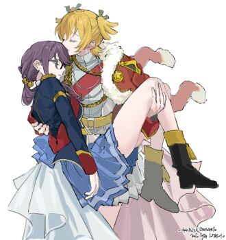 Rule 34 | 2girls, 9urodine, aiguillette, ankle boots, arm at side, back bow, bell, belt, belt buckle, black-framed eyewear, black boots, blonde hair, blue bow, blue jacket, blue skirt, boots, bow, buckle, carrying, closed eyes, closed mouth, cowboy shot, daiba nana, epaulettes, facing another, flipped bangs, fur-trimmed jacket, fur trim, glass, green ribbon, grey skirt, hair bell, hair between eyes, hair ornament, hair ribbon, hand on another's back, hand on another's leg, heads together, highres, hoshimi junna, jacket, jacket on shoulders, korean text, long hair, long sleeves, miniskirt, multiple girls, open mouth, parted lips, pleated skirt, ponytail, princess carry, purple hair, red jacket, red sash, ribbon, sash, short hair, shoujo kageki revue starlight, shoulder sash, sidelocks, signature, simple background, single horizontal stripe, skirt, smile, star (symbol), tassel, translation request, two side up, waist cape, white background, white jacket, yellow belt, yuri