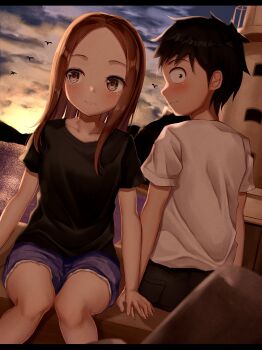 Rule 34 | 1boy, 1girl, absurdres, bird, black hair, black pants, black shirt, blush, brown eyes, brown hair, closed mouth, cloud, commentary request, cowboy shot, denim, denim shorts, evening, from behind, hand on another's hand, highres, karakai jouzu no takagi-san, letterboxed, long hair, looking at another, looking back, looking to the side, nishikata, ocean, outdoors, pants, shirt, short hair, short sleeves, shorts, sitting, takagi-san, toukan, twilight, white shirt