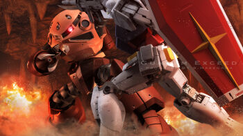 3d arm_cannon battle beam_cannon beam_rifle cave cavern claws commentary_request energy_gun english_text fire glowing glowing_eye gundam highres machinery mecha mecha_focus missile_pod mobile_suit mobile_suit_gundam no_humans one-eyed realistic red_eyes robot rx-78-2_gundam s.hasegawa science_fiction shield signature stalactite underground weapon z&#039;gok z&#039;gok_char_custom