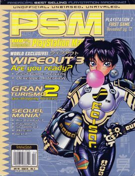 1girl adam_warren barcode black_eyes black_gloves breasts chewing_gum commentary copyright_name cover earrings english_commentary gloves hand_on_own_hip unworn_headwear helmet unworn_helmet highres holding holding_unworn_helmet jewelry logo looking_at_viewer magazine_cover medium_breasts medium_hair official_art pat_duke pilot_suit psm scan skin_tight solo tetsuo_arial twintails wipeout