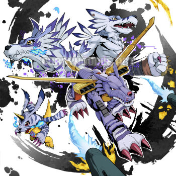 Rule 34 | armor, blue armor, blue fire, blue fur, body fur, brass knuckles, breath weapon, breathing fire, clenched hand, currynoodle art, cyborg, digimon, digimon (creature), digimon adventure, evolutionary line, fire, gabumon, garurumon, group picture, highres, horns, lizard, mechanical wings, metalgarurumon, missile, red eyes, simple background, single horn, weapon, weregarurumon, werewolf, white background, wings, wolf, yellow eyes