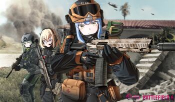 Rule 34 | 3girls, absurdres, aiming, aircraft, alternate costume, ammunition pouch, artist name, assault rifle, bang dream!, bang dream! it's mygo!!!!!, battle, battlefield (series), battlefield 6, belt pouch, black gloves, black jacket, blonde hair, blue hair, brown helmet, building, bulletproof vest, bullpup, camouflage, camouflage jacket, camouflage pants, character request, chinstrap, closed mouth, combat helmet, commentary, copyright logo, crossed bangs, day, ear protection, english commentary, fast helmet, first aid kit, gloves, goggles, goggles on head, grass, grey helmet, gun, h&amp;k hk416, h&amp;k hk433, hair between eyes, headset, helicopter, helmet, highres, holding, holding gun, holding weapon, iwi tavor, jacket, knee pads, laser sight, load bearing vest, logo, long hair, long sleeves, magazine (weapon), medium hair, misumi uika, multiple girls, object request, optical sight, outdoors, palm tree, pants, pouch, purple eyes, rifle, rubble, sci (31134306), serious, sidelocks, smoke, suppressor, tactical clothes, togawa sakiko, tree, trigger discipline, uh-60 blackhawk, unworn goggles, upper body, wakaba mutsumi, weapon, yellow eyes
