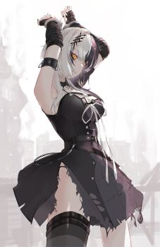 1girl absurdres arm_strap armpits arms_up belt black_arm_warmers black_belt black_choker black_dress black_hair black_nails black_thighhighs bound bound_wrists breasts chest_belt choker closed_mouth commentary cowboy_shot cuffs dress english_commentary grey_hair hair_ornament handcuffs highres hololive hololive_english kurochanai large_breasts long_hair looking_at_viewer multicolored_hair shiori_novella shiori_novella_(1st_costume) sleeveless sleeveless_dress solo split-color_hair standing striped_arm_warmers striped_clothes striped_thighhighs thighhighs torn_clothes torn_dress two-tone_hair very_long_fingernails virtual_youtuber yellow_eyes