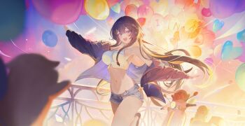 1girl absurdres balloon black_hair breasts chowol coat crop_top denim denim_shorts heart_balloon highres long_hair navel open_clothes open_coat open_mouth purple_coat purple_eyes railing shirayuki_hina shorts solo standing standing_on_one_leg stellive virtual_youtuber