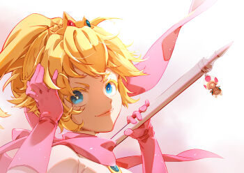 1girl biker_peach cropped_shoulders dsprite23 from_side gloves hand_in_own_hair highres long_hair looking_at_viewer mario_(series) nintendo pink_gloves pink_scarf ponytail princess_peach scarf solo the_super_mario_bros._movie
