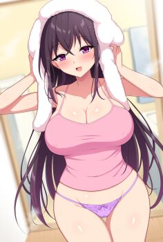 1girl :d aikome_(haikome) bath black_hair blurry blurry_background blush bow bow_panties breasts cameltoe camisole cleavage collarbone colored_eyelashes commentary_request covered_erect_nipples cowboy_shot crossed_bangs drying drying_hair drying_own_hair dutch_angle earrings highres jewelry large_breasts long_hair looking_at_viewer midriff_peek open_mouth original panties purple_eyes purple_panties shirt smile solo steaming_body stud_earrings thigh_gap thighs towel towel_on_head underwear very_long_hair wet wooden_floor