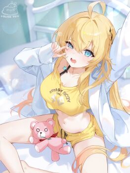 1girl absurdres alice_vu arm_up artist_logo artist_name bed_sheet blonde_hair blue_eyes breasts commentary crop_top dolphin_shorts drooling hair_between_eyes highres jacket large_breasts logo long_hair long_sleeves looking_at_viewer midriff navel noya_(stella_sora) on_bed open_clothes open_jacket open_mouth pillow rubbing_eyes shirt short_shorts shorts sitting solo stella_sora stuffed_animal stuffed_toy symbol-shaped_pupils teddy_bear teeth thighs upper_teeth_only white_jacket yawning yellow_shirt yellow_shorts